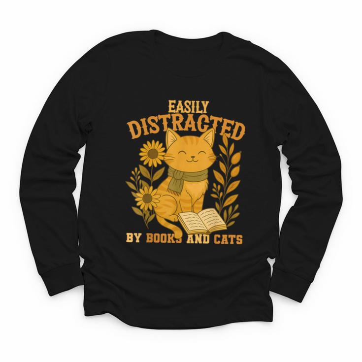 Easily Distracted By Cats And Books Cute Cat Book Lover Youth Long Sleeve Tee