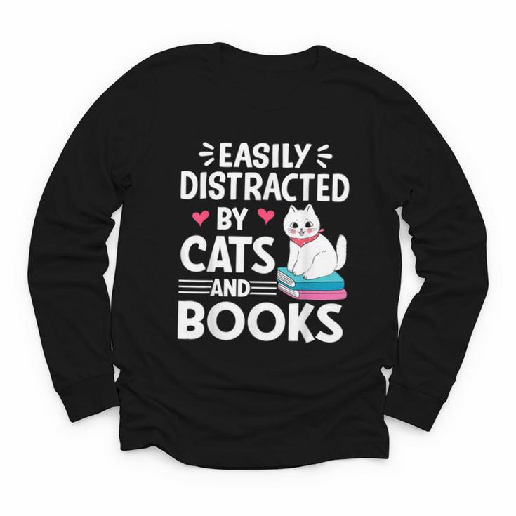 Easily Distracted By Cats And Books Cute Cat And Book Lovers Youth Long Sleeve Tee