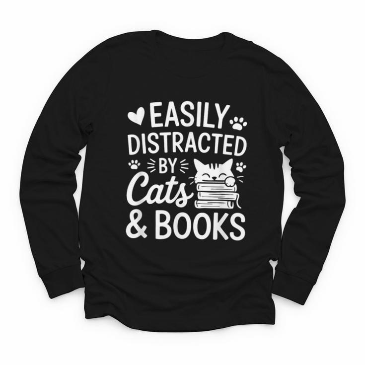 Easily Distracted By Cats And Books Reading Apparel Youth Long Sleeve Tee