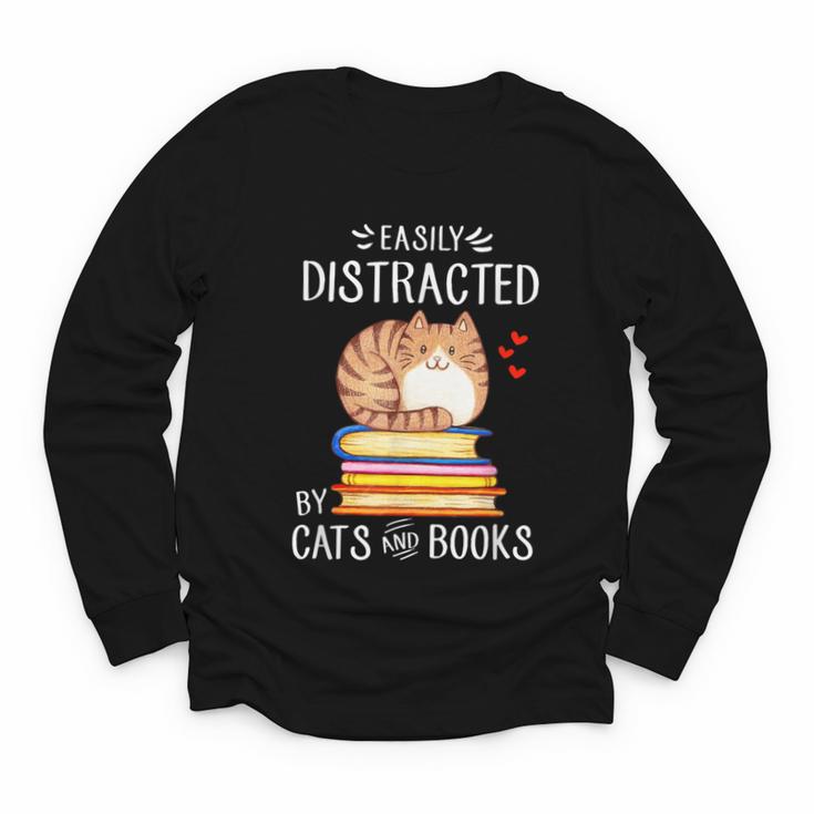 Easily Distracted By Cats And Books Reading Lover Bookish Youth Long Sleeve Tee