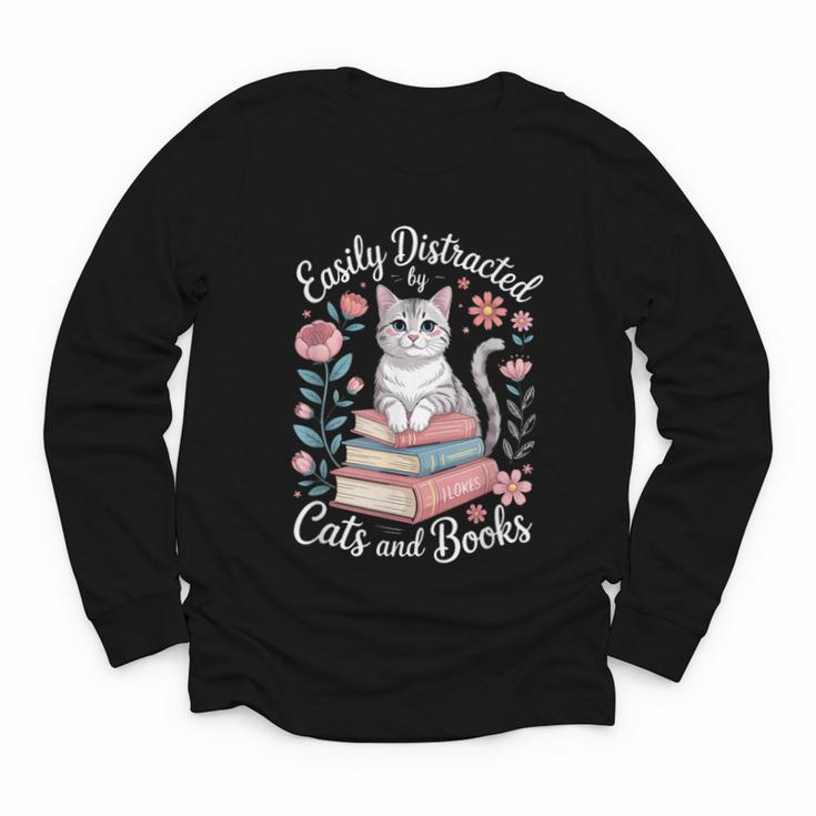 Easily Distracted By Cats And Books Reading Youth Long Sleeve Tee
