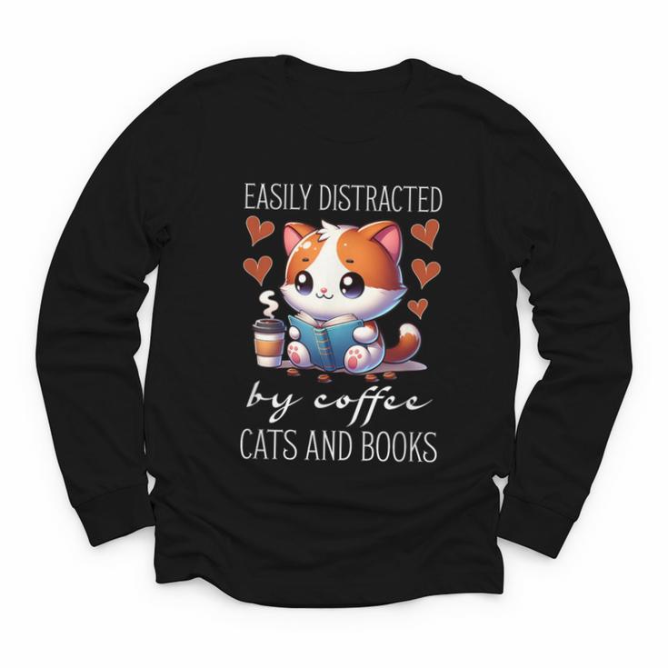 Easily Distracted By Coffee Cats And Books Youth Long Sleeve Tee
