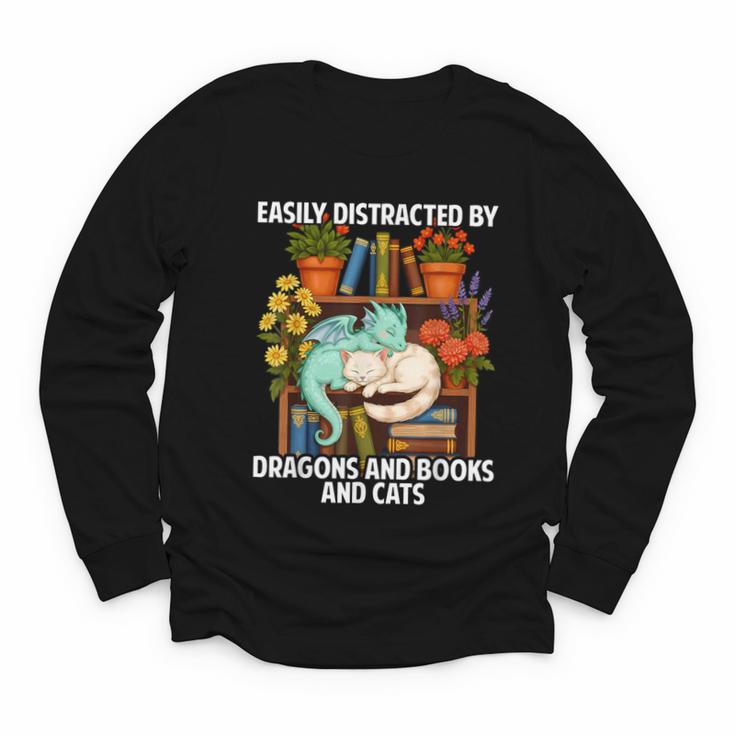 Easily Distracted By Dragons Books Cats Fantasy Book Lover Youth Long Sleeve Tee