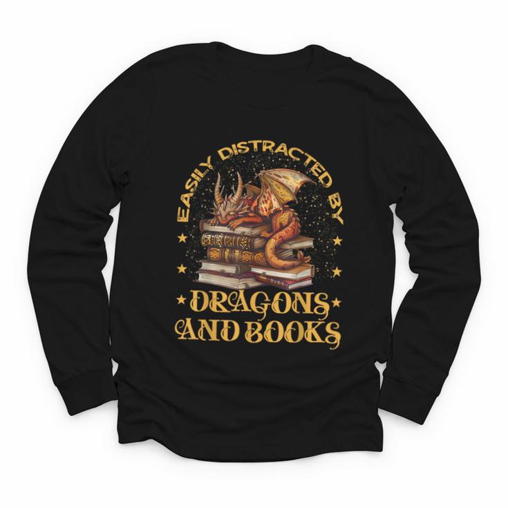 Easily Distracted By Dragons And Books Fantasy Book Lover Youth Long Sleeve Tee