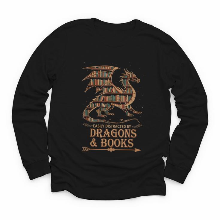 Easily Distracted By Dragons And Books Library Dragon Lover Youth Long Sleeve Tee