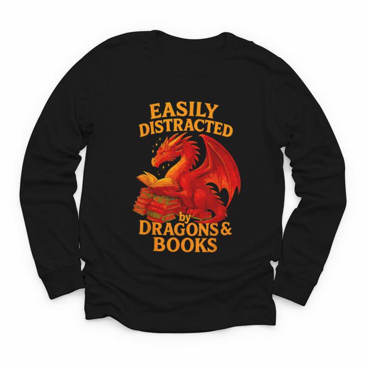 Easily Distracted By Dragons And Books Reading Youth Long Sleeve Tee