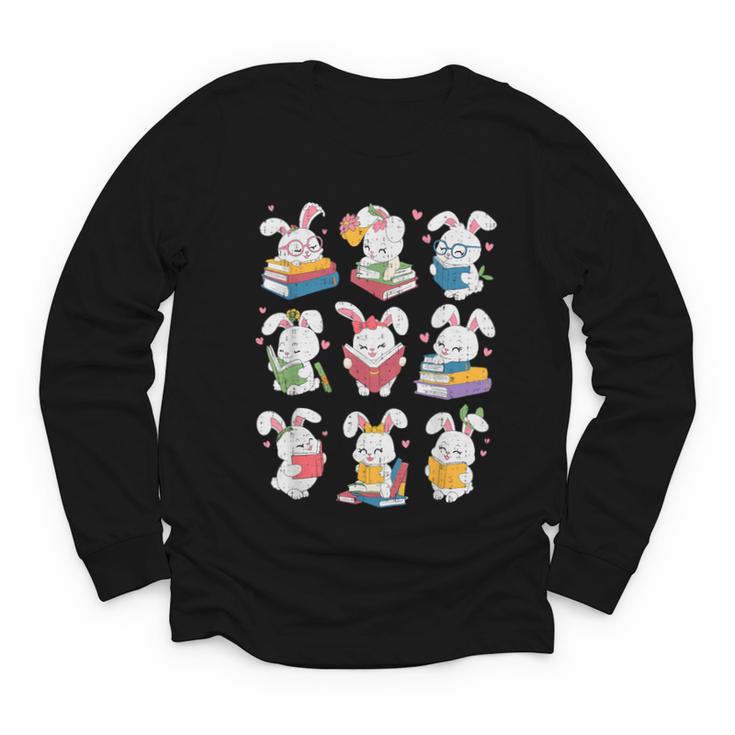 Easter Teacher Cute Bunny Reding Books Librarian Bookworm Youth Long Sleeve Tee