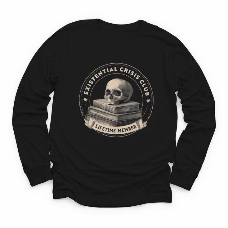 Existential Crisis Club Lifetime Member Skull And Books Youth Long Sleeve Tee