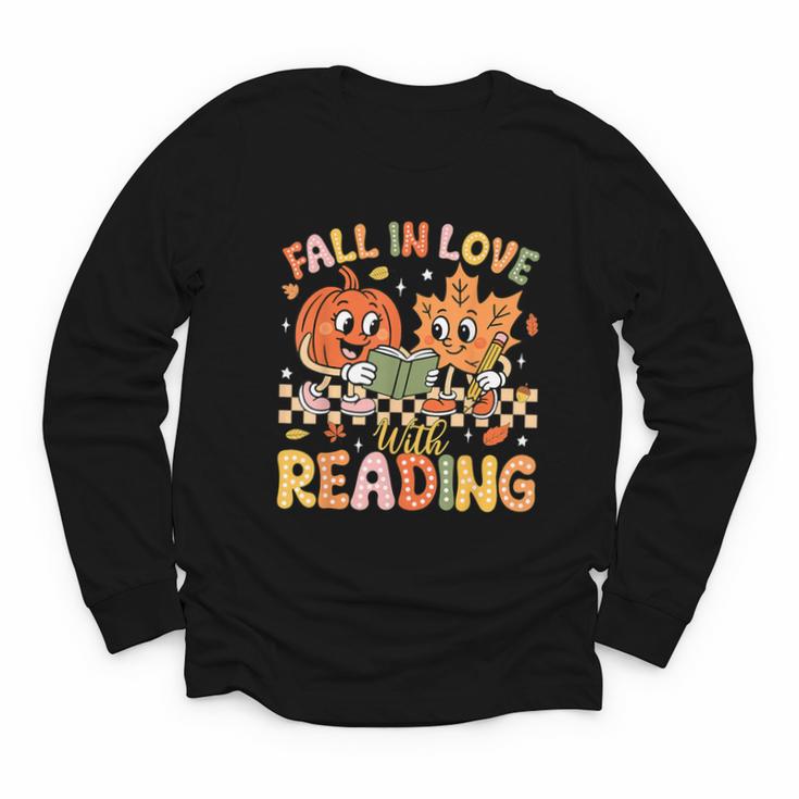 Fall In Love With Reading Autumn Pumpkin Teacher Book Lover Youth Long Sleeve Tee