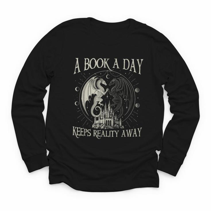 Fantasy Book Club Dragon Reader Book A Day Keep Reality Away Youth Long Sleeve Tee