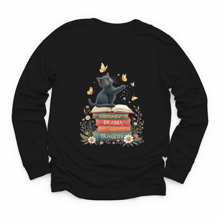 Fantasy Drama Tragedy Reading Lover Book Cat Humor Youth Long Sleeve Tee