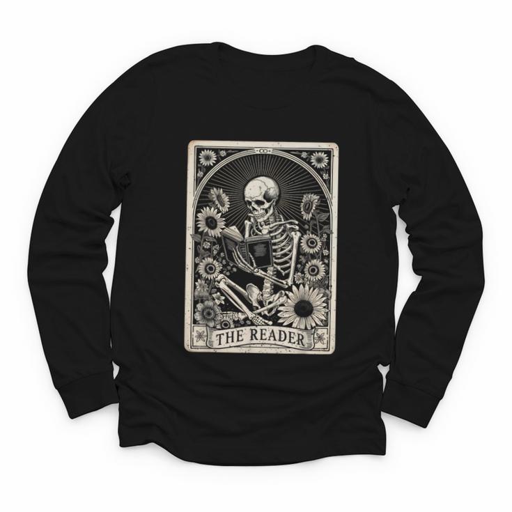 Floral The Reader Tarot Card Skeleton Reading Book Youth Long Sleeve Tee