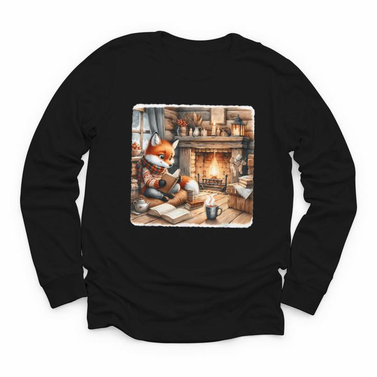 Fox Reads By Fireplace In Cabin Rustic Book Cozy Cup Tea Youth Long Sleeve Tee