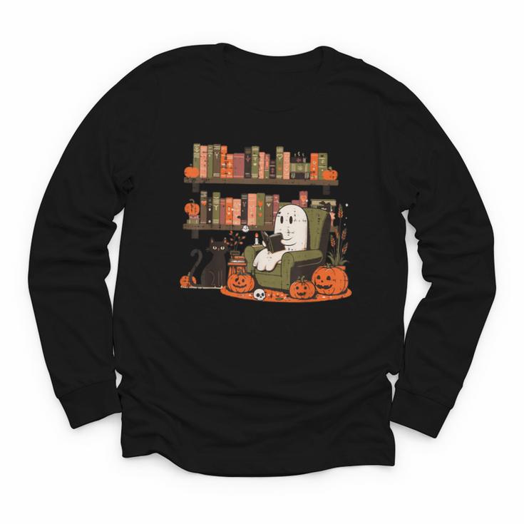 Ghost Library Reading Books Halloween Men Women Kids Youth Long Sleeve Tee