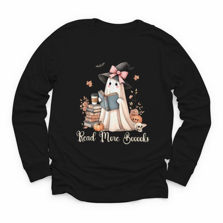 Ghost Reading Book Coquette Bow Halloween Girl Kid Teacher Youth Long Sleeve Tee