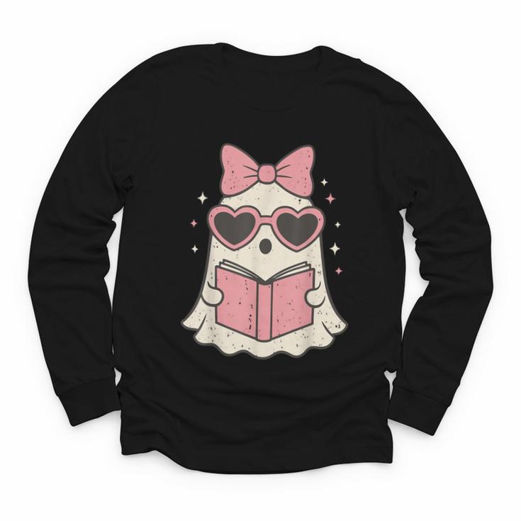 Ghost Reading Book Halloween Cat Lover Youth Long Sleeve Tee