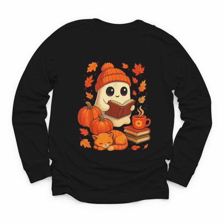 Ghost Reading Book Lovers Autumn Fall Halloween Youth Long Sleeve Tee