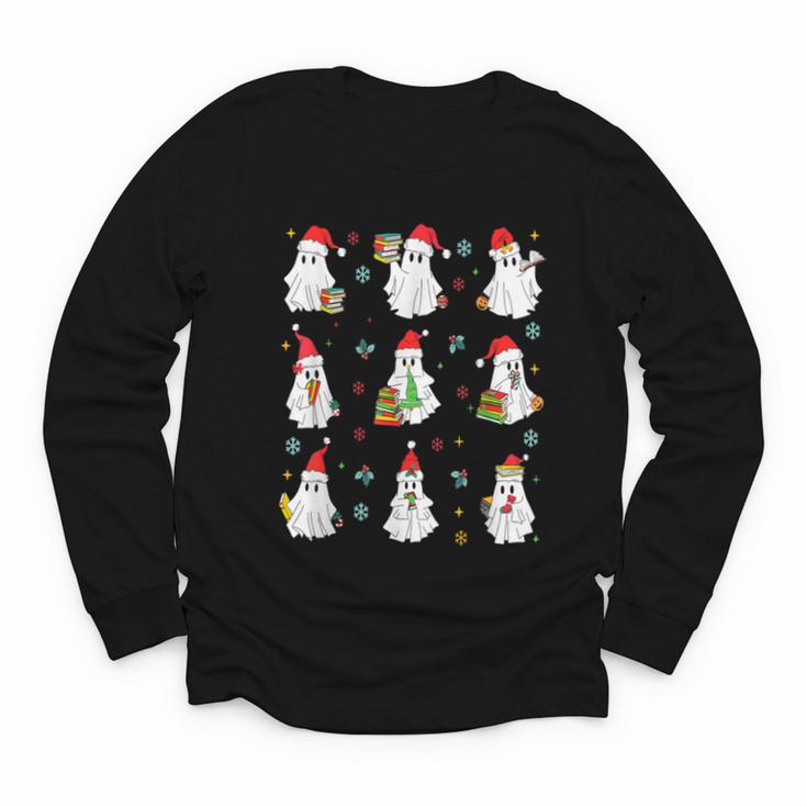 Ghosts Wearing Santa Hats Reading Books Christmas Book Lover Youth Long Sleeve Tee