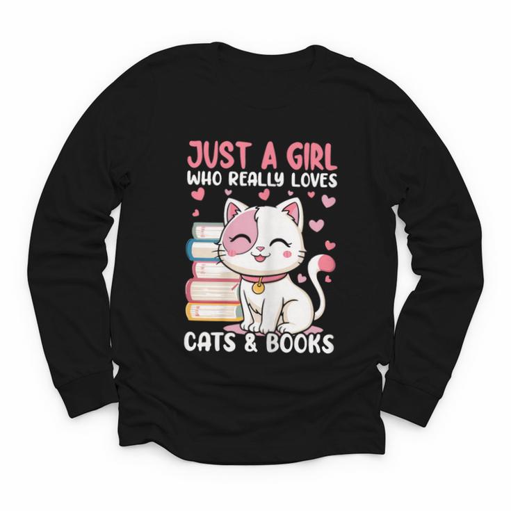 Girl Who Loves Cats And Books Cute Youth Long Sleeve Tee