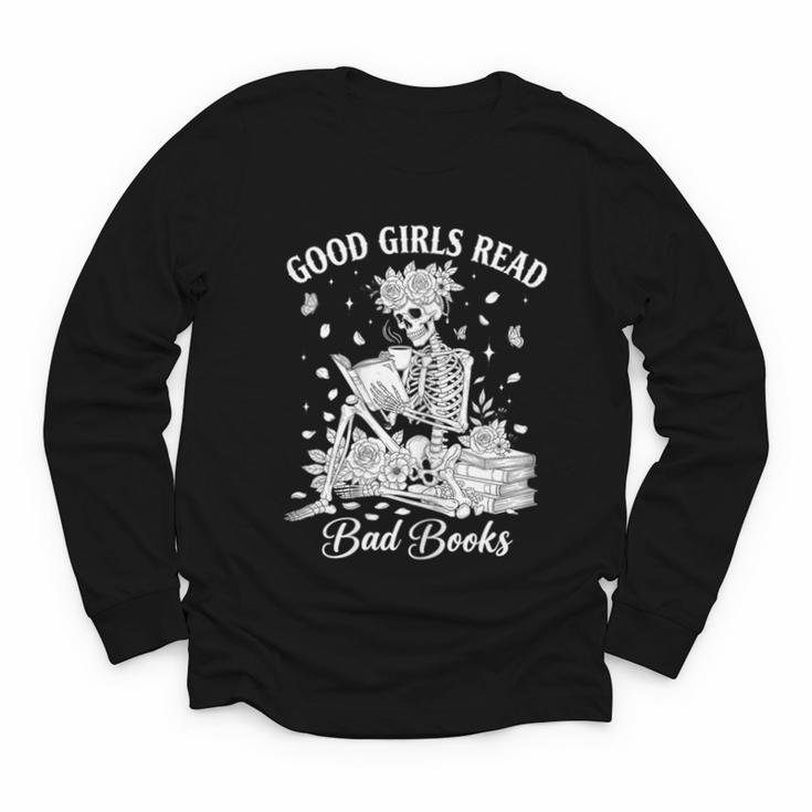 Good Girls Read Bad Books Skeleton Reading Book Halloween Youth Long Sleeve Tee