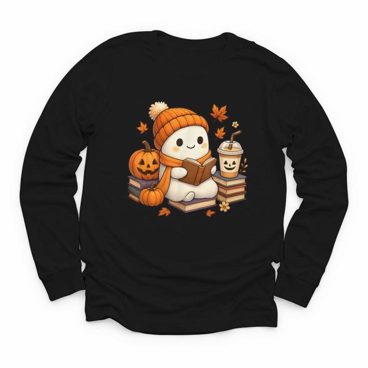 Halloween Ghost Reading Book Lovers Coffee Girl Women Youth Long Sleeve Tee