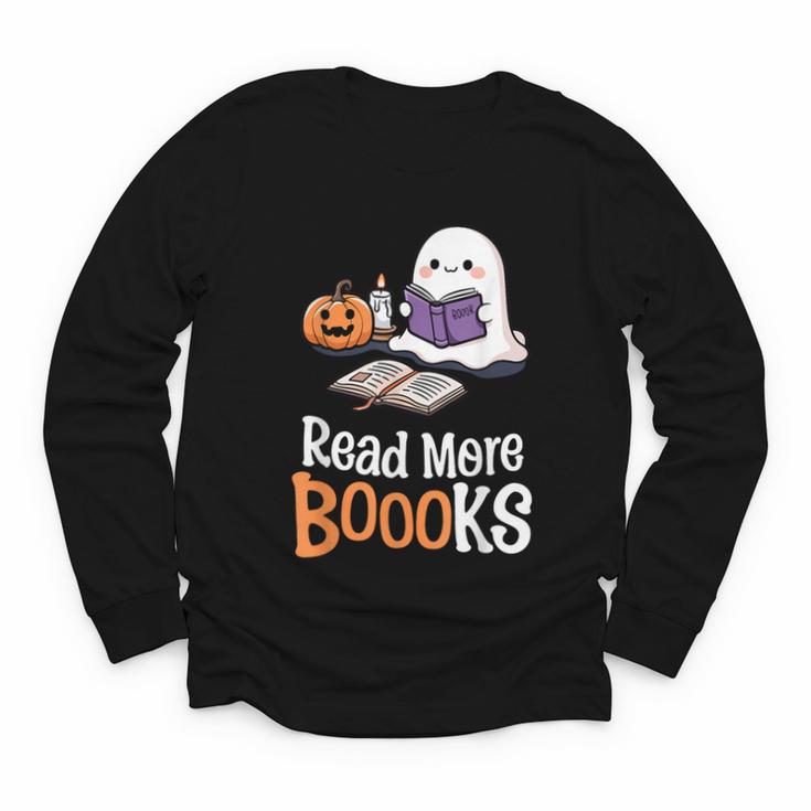 Halloween Teacher Women Cute Reading Ghost Read More Books Youth Long Sleeve Tee