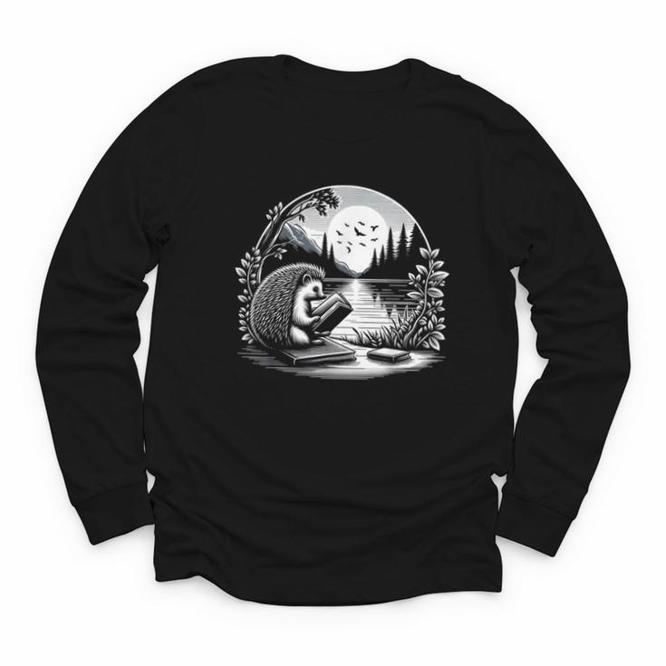 Hedgehog Reading Book Full Moon Lake Scenery Youth Long Sleeve Tee