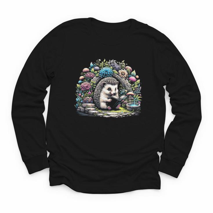 Hedgehog Reading Book Lake Scenery Reading Youth Long Sleeve Tee