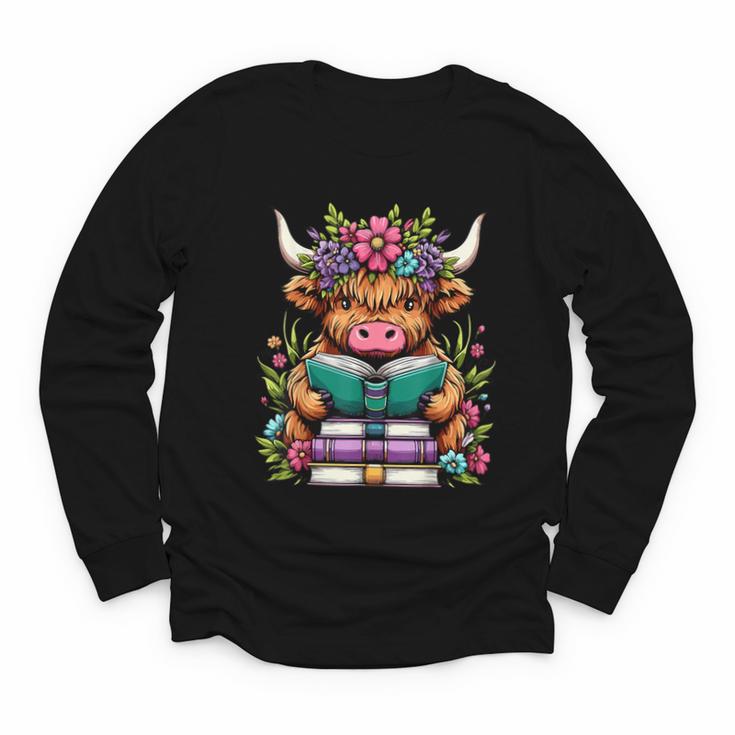 Highland Cow Book Floral Bookworm Youth Long Sleeve Tee