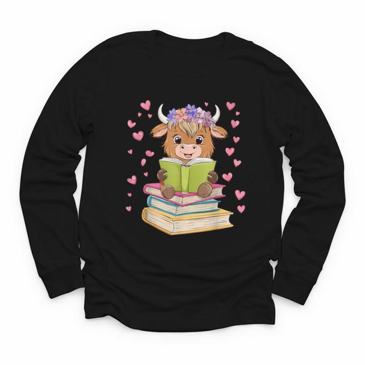 Highland Cow Reading Book Floral Bookworm Youth Long Sleeve Tee
