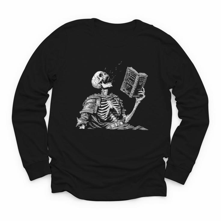 Hilarious Skeleton Holding a Book And Laughing Gothic Youth Long Sleeve Tee