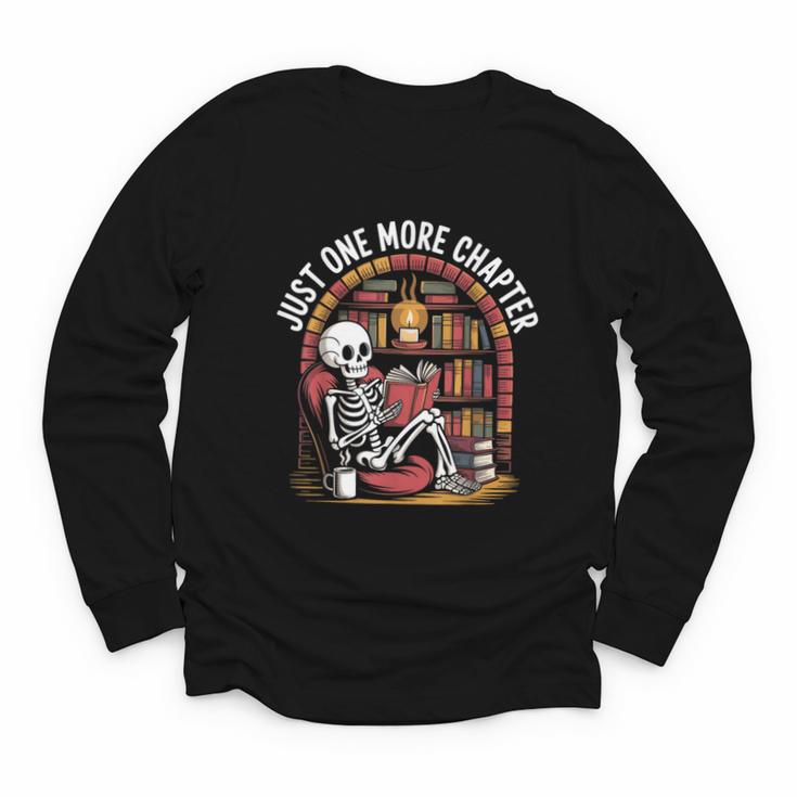 Just One More Chapter Skeleton Reading Cozy Books Youth Long Sleeve Tee