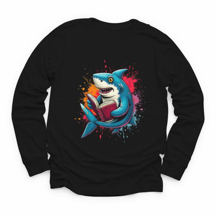 Kawaii Shark Reads Book Reading Library Book Bookworm Youth Long Sleeve Tee