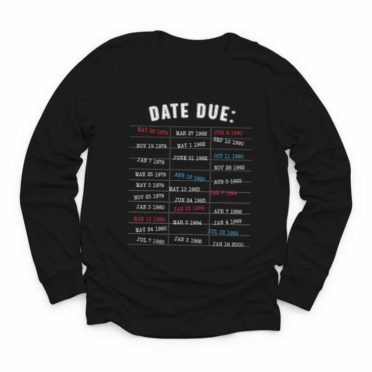 Library Due Date Stamp Card Librarian Book Reading Vintage Youth Long Sleeve Tee