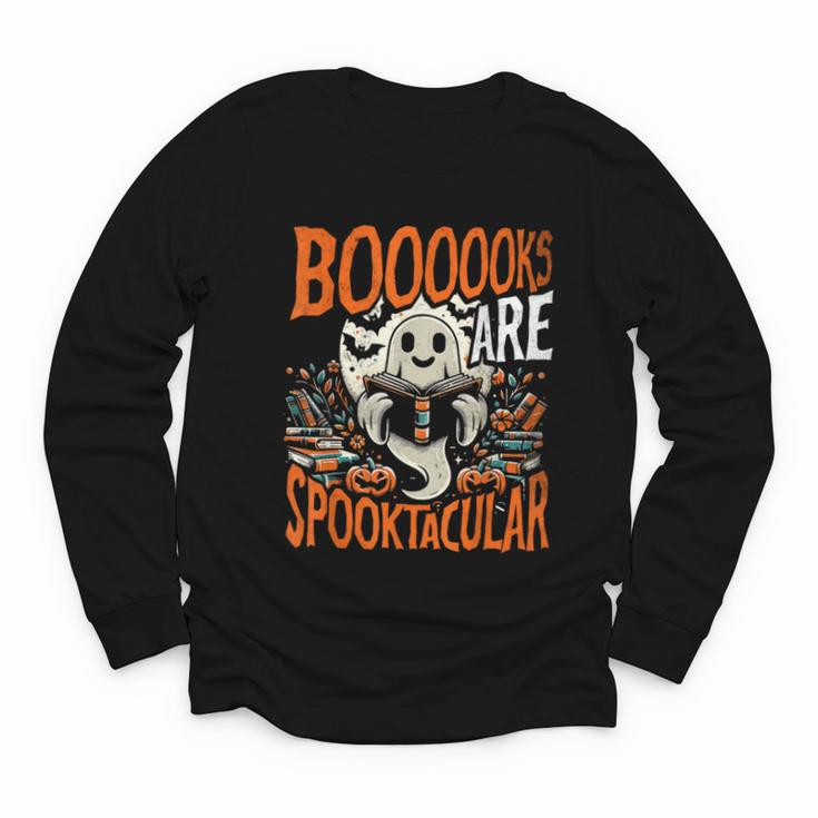 Library Halloween Book Lover Ghost With Books Youth Long Sleeve Tee