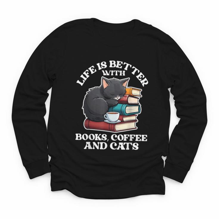 Life Is Better With Books Cats & Coffee Librarian Book Lover Youth Long Sleeve Tee