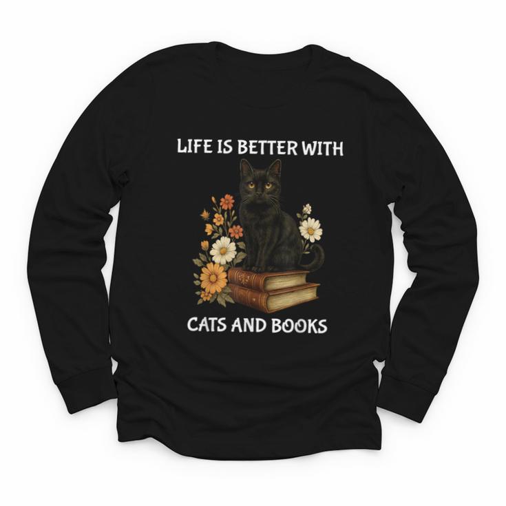Life Is Better With Cats And Books Cute Cat Lover For Men Women Kids Youth Long Sleeve Tee