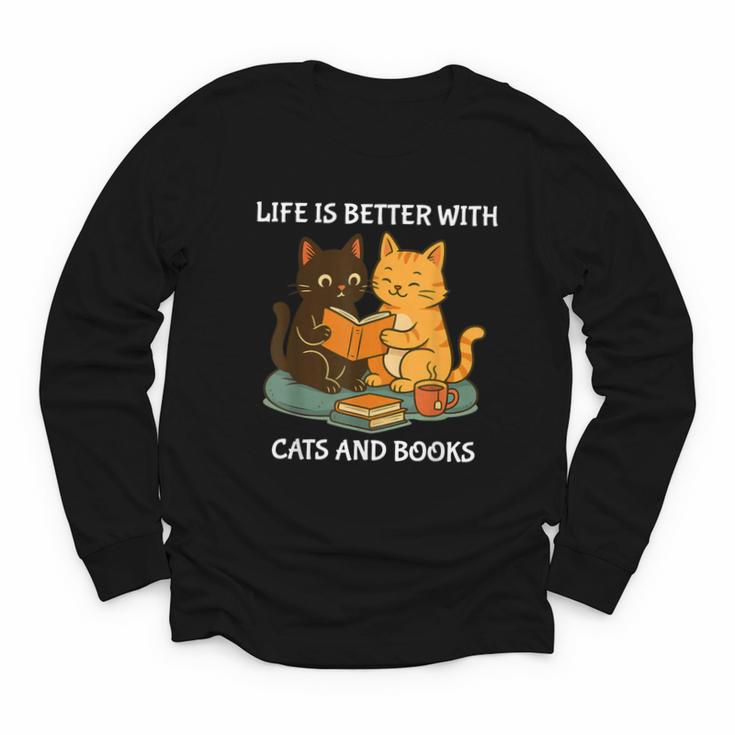 Life Is Better With Cats And Books Cute Cat Lover Youth Long Sleeve Tee