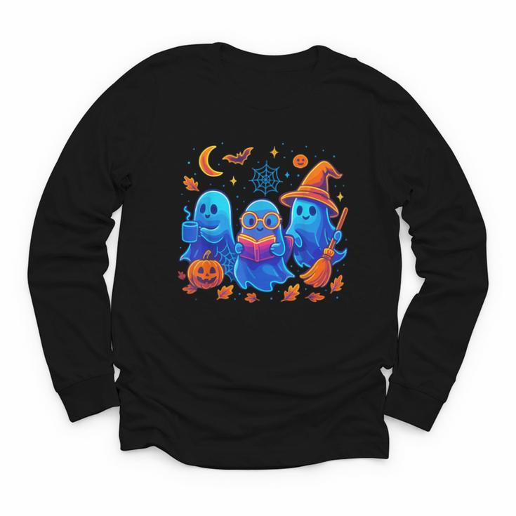 Little Ghost Coffee Tee Spooky Season Ghost Reading Book Youth Long Sleeve Tee