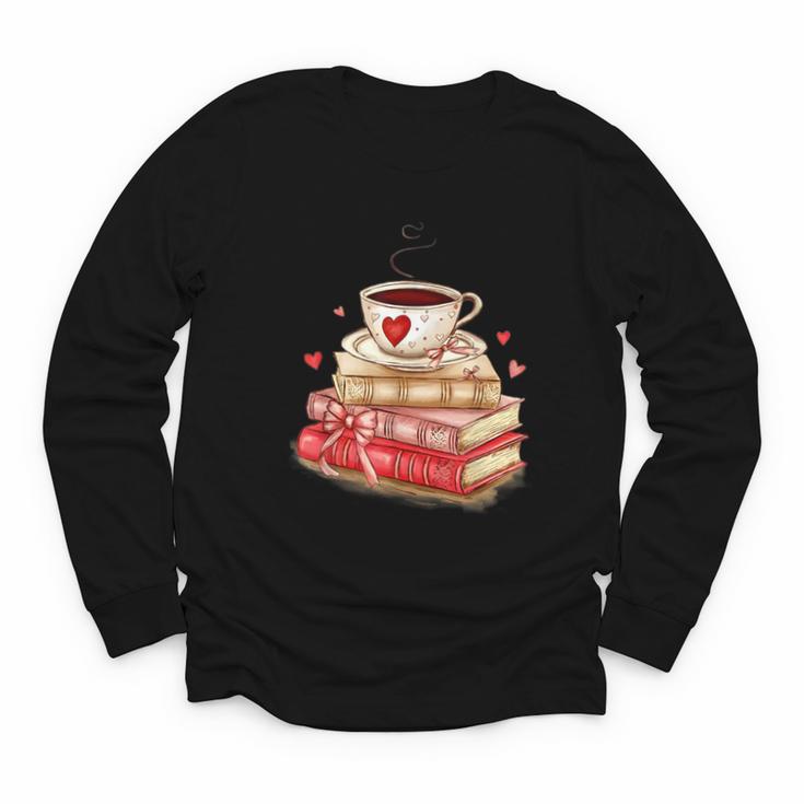 Love Book Coffee Heart Coquette Bow Valentines Day Youth Long Sleeve Tee