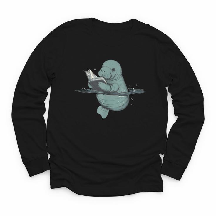 Manatee Reading Book Bookworm Manatees Ocean Animal Lover Youth Long Sleeve Tee