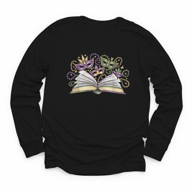 Mardi Gras Book Librarian Author Purple Beads Youth Long Sleeve Tee