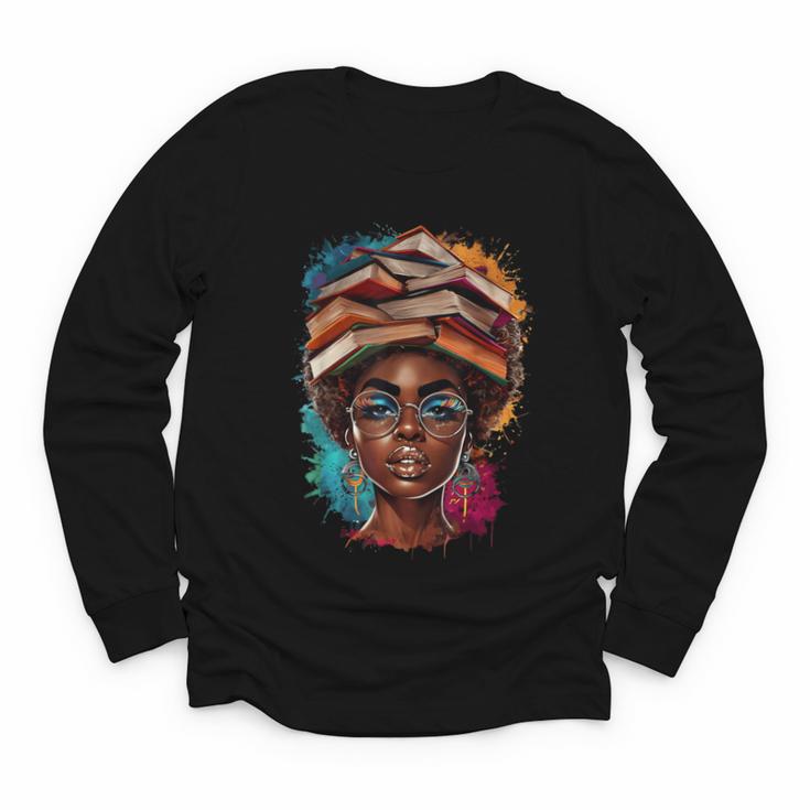 Melanin Girl Afro Book Lover Librarian Teacher Student Youth Long Sleeve Tee