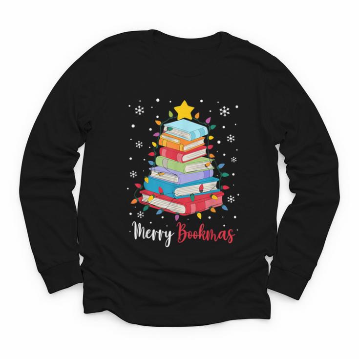 Merry Bookmas Book Christmas Tree Lights Xmas Men Women Kids Youth Long Sleeve Tee