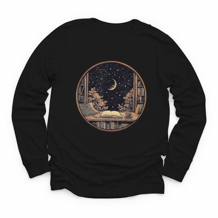 Moon Book Bookshelf Library Coffee Cup Star Stars Pattern Youth Long Sleeve Tee