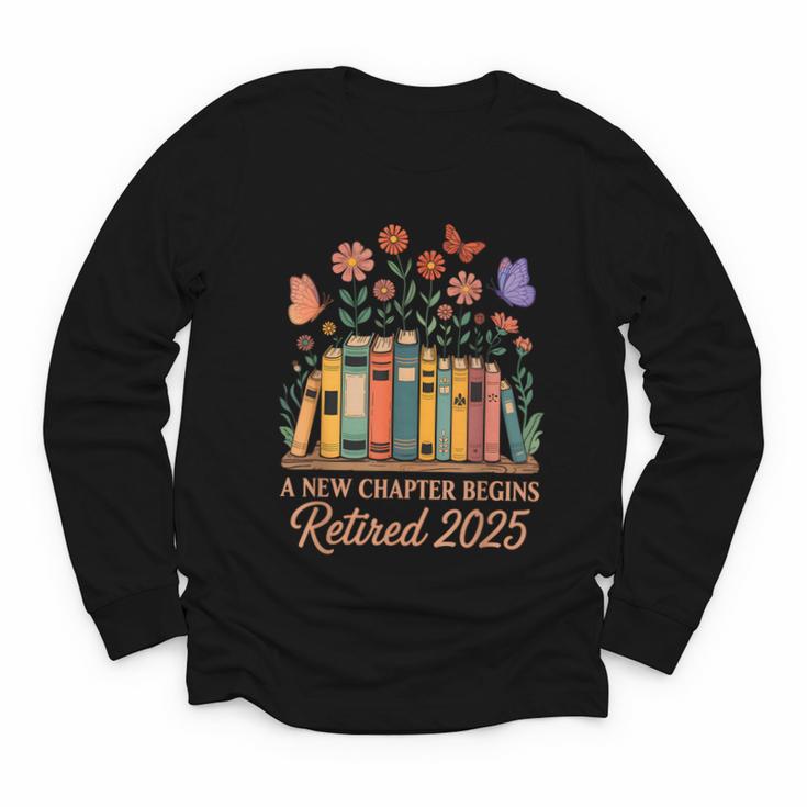 A New Chapter Begins Retired 2025 Books Flowers Youth Long Sleeve Tee