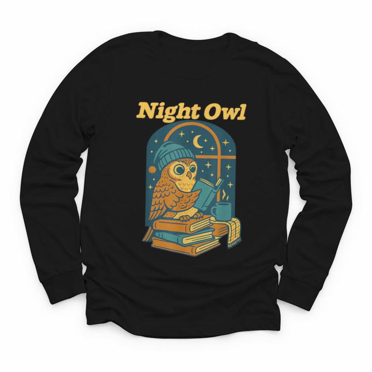 Night Owl Cozy Reading Tea Coffee Lover Bookworm Cute Youth Long Sleeve Tee