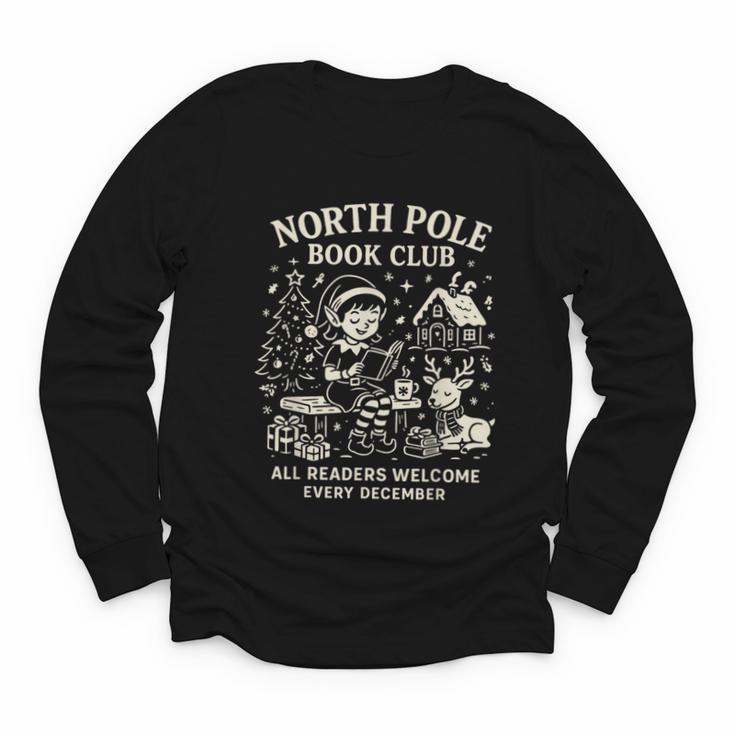 North Pole Book Club Christmas Elf Bookish Retro Graphic Youth Long Sleeve Tee
