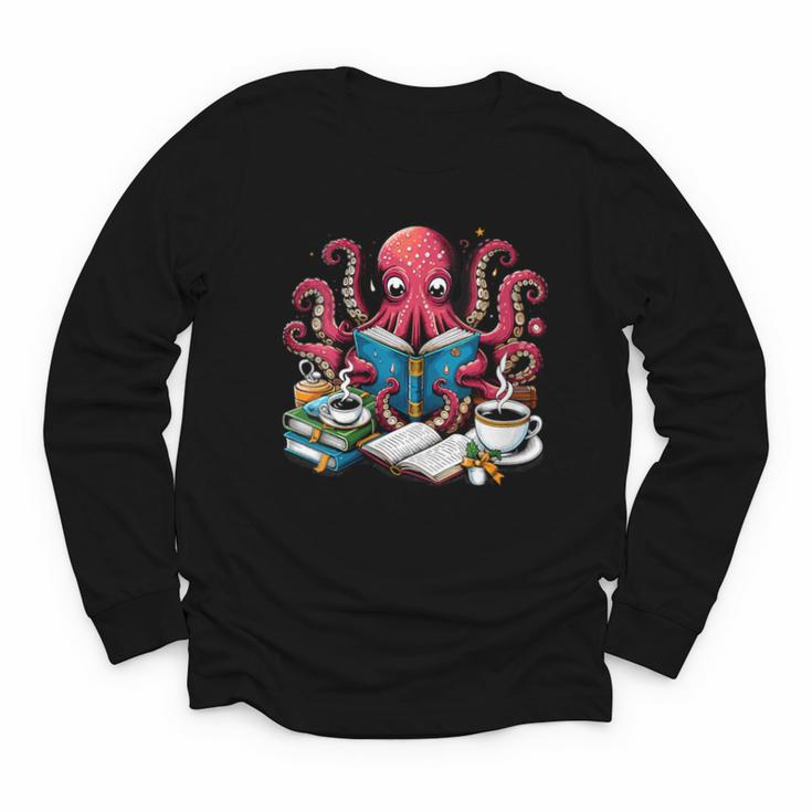 Octopus Reading Book Coffee Lover Bookaholic Bookworm Reader Youth Long Sleeve Tee