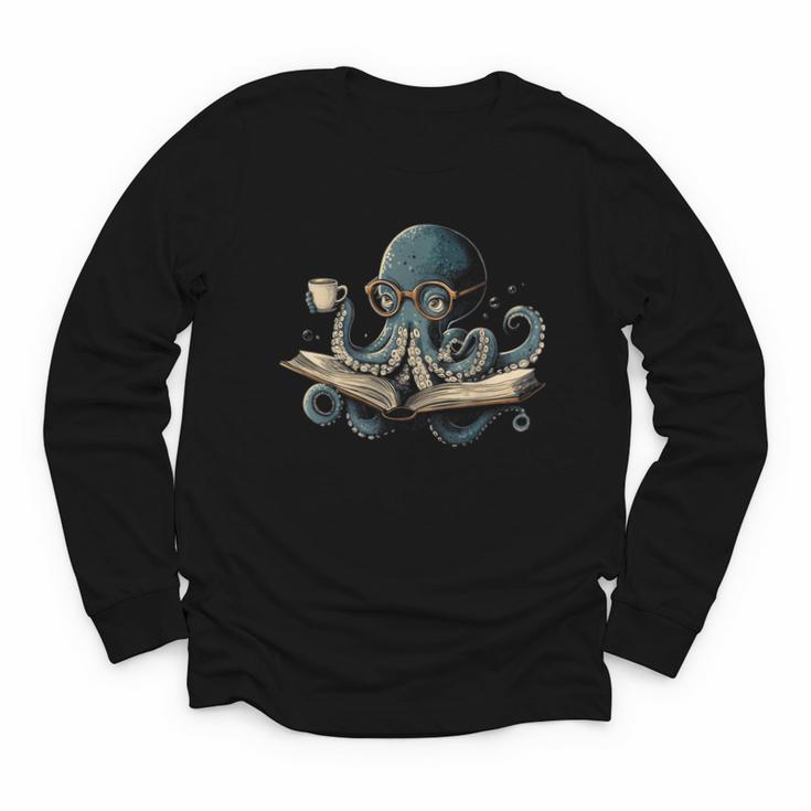 Octopus Reading Book Coffee Book Lover Bookworm Nerd Youth Long Sleeve Tee